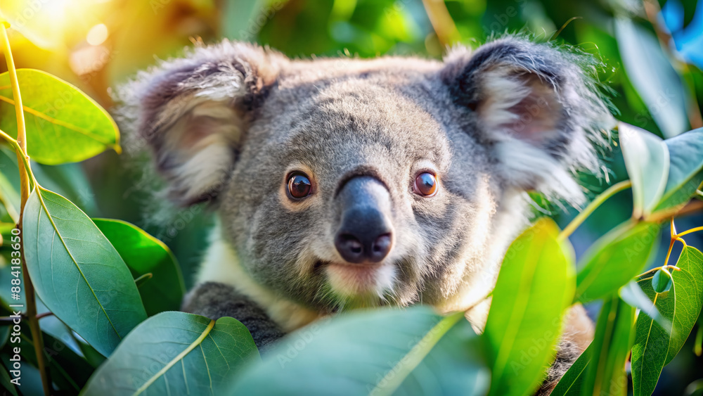 Adorable koala peeking out from behind a lush green eucalyptus leaf, its soft fur and big round eyes sparkling with innocence in the bright sunlight. Adorable koala peeking out from behind a lush green eucalyptus leaf, its soft fur and big round eyes sparkling with innocence in the bright sunlight.