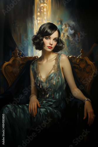 portrait painting of 1920s flapper woman sitting on vintage couch