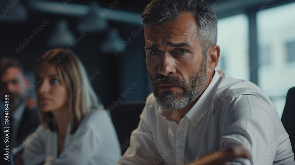 Man at table in meeting with people in office, teamwork, business, cooperation Man at table in meeting with people in office, teamwork, business, cooperation