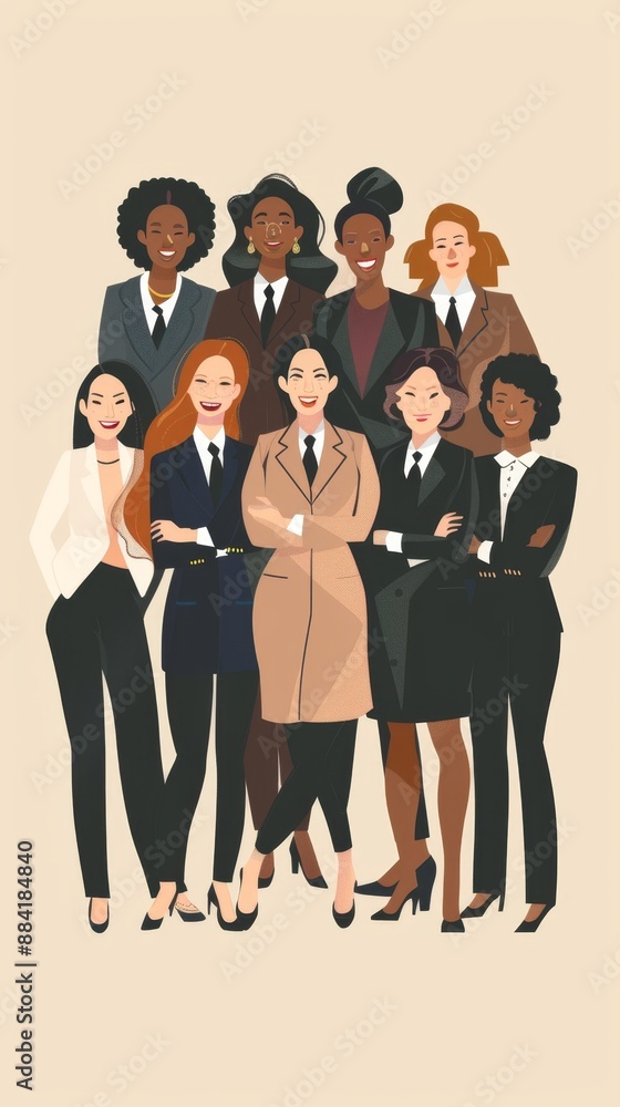 Obraz premium Happy International Women's Day Illustration Featuring a Group of Diverse Women in Different Ethnic Suits, Emphasizing Racial Equality, Anti-Racism, Diversity, Cultural Inclusion, and Belonging, AI-Ge
