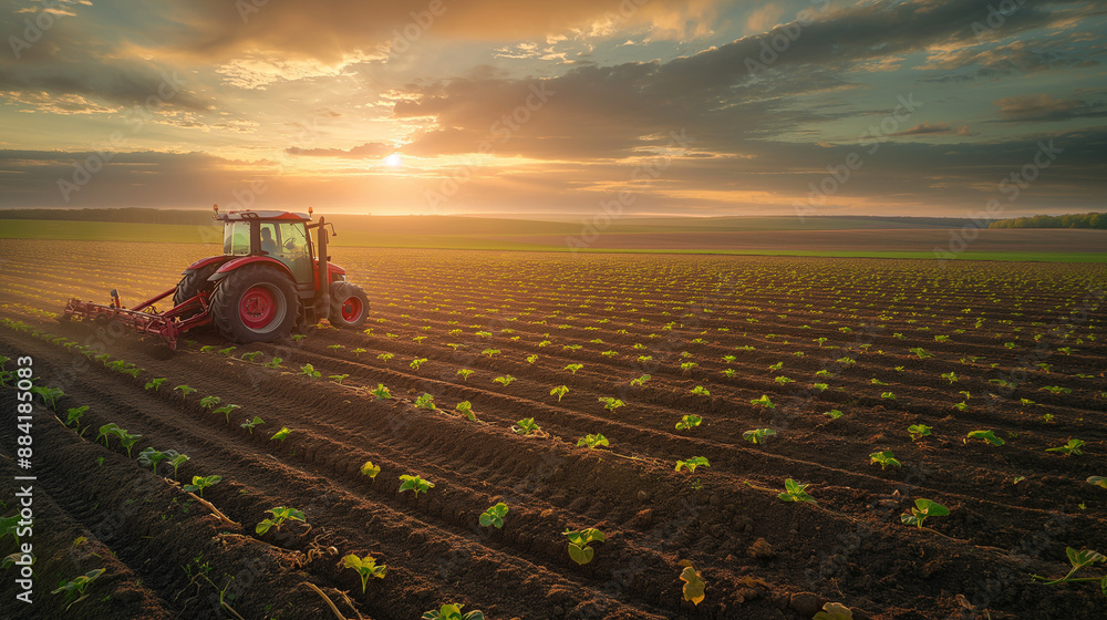 agricultural field during what appears to be either dawn or dusk. A prominent red tractor, equipped with a plow or harrow, is seen in the foreground, preparing the soil. agricultural field during what appears to be either dawn or dusk. A prominent red tractor, equipped with a plow or harrow, is seen in the foreground, preparing the soil.
