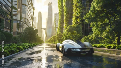 A charming sight of a car ingeniously fashioned out of verdant green leaves, set amidst the bustling backdrop of a sunlit cityscape. AI generated illustration photo