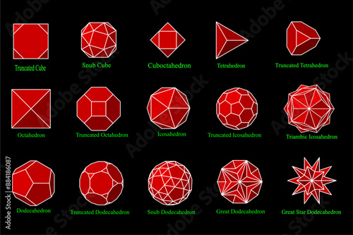 3D Geometric Shapes Vector Drawing , 3D Mathematical Polyhedra Set