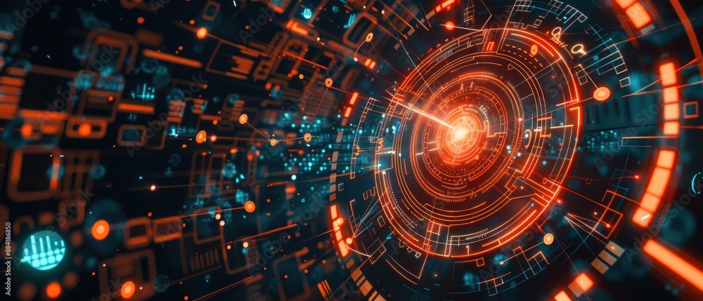 Obraz premium Futuristic digital technology background with glowing circuits, abstract cyber pattern and vibrant colors. Perfect for tech and innovation concepts.