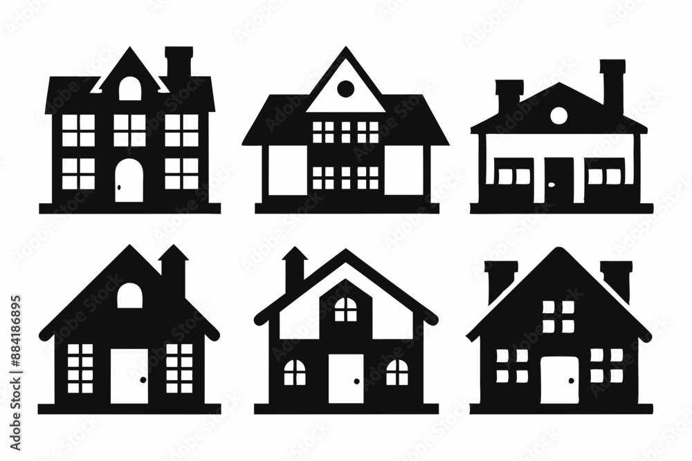 House icon set, Collection home icons. Set of real estate objects and houses black icons isolated on white background. Vector illustration.
House icon set, Collection home icons. Set of real estate objects and houses black icons isolated on white background. Vector illustration.