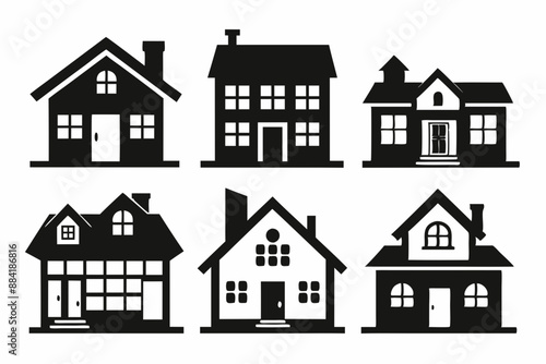 House icon set, Collection home icons. Set of real estate objects and houses black icons isolated on white background. Vector illustration. 