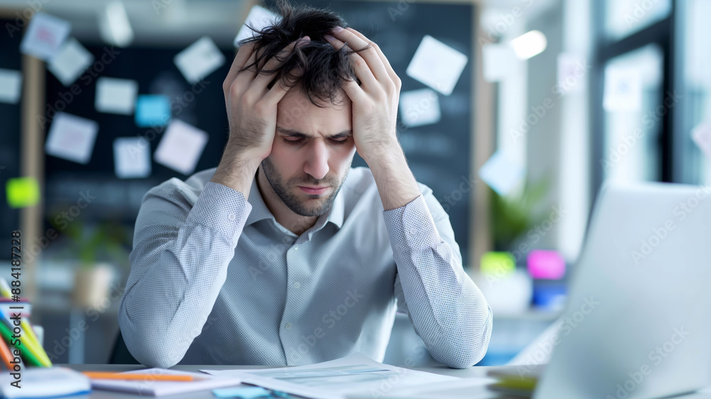 A man dealing with intense stress and workload at the office A man dealing with intense stress and workload at the office