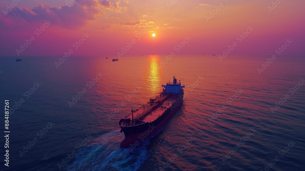 A large tanker ship, painted in dark hues, sails through the waters, leaving a trail of ripples behind. The sun casts a golden hue over the horizon, with the sky painted in shades of orange, pink A large tanker ship, painted in dark hues, sails through the waters, leaving a trail of ripples behind. The sun casts a golden hue over the horizon, with the sky painted in shades of orange, pink