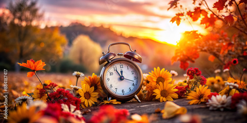 Daylight saving time ends. Alarm clock on beautiful nature background with summer flowers and autumn leaves. Summer time end and fall season coming. Clock turn backward to winter time