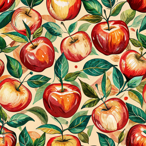 Red vivid jucy watercolor painted apples vector seamless pattern
