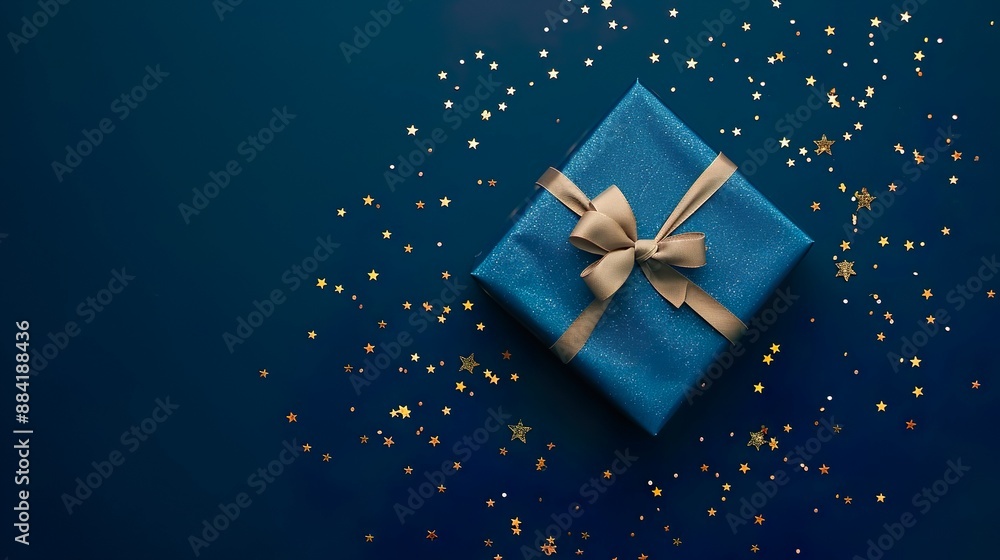 Luxurious Gift Box with Golden Bow and Star Confetti on Dark Background