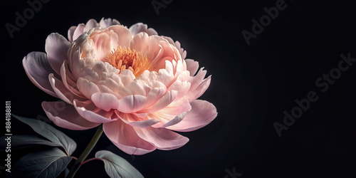 Soft light pink peony flower blooms against a dramatic black background, showcasing intricate petals and delicate stamens, with ample copy space for text or design elements.