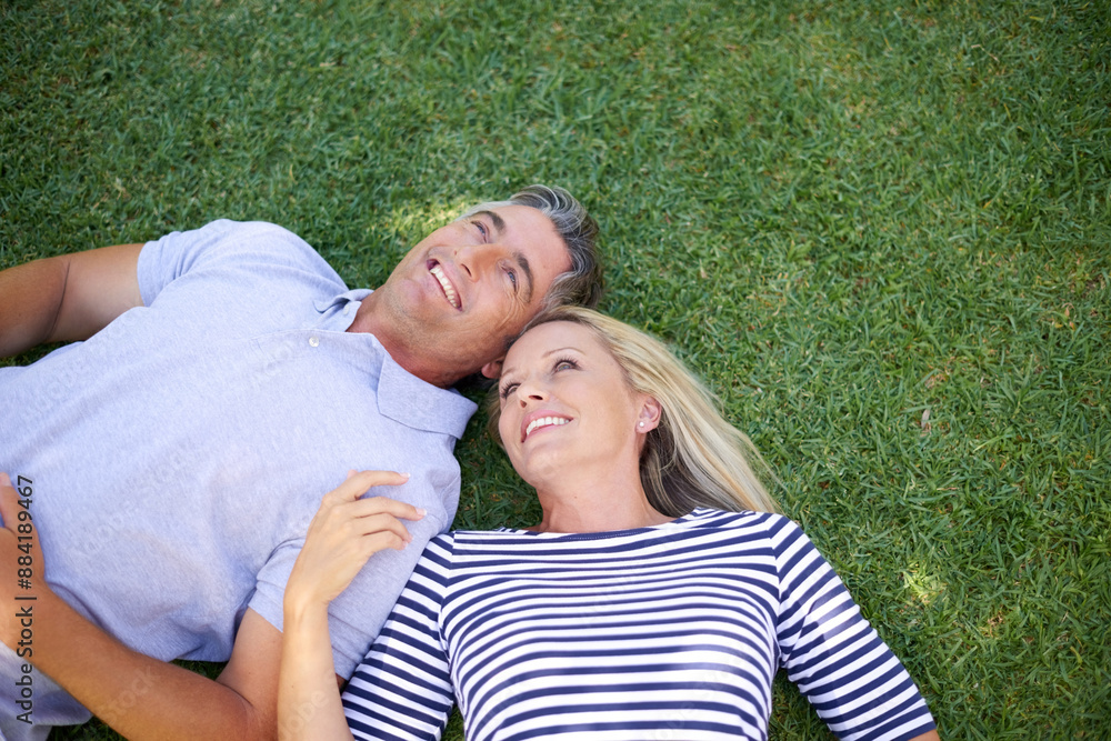 Relax, grass and mature couple in nature for romantic outdoor date with bonding and connection. Love, marriage and people laying on green lawn in garden, park or field from high angle with mockup. Relax, grass and mature couple in nature for romantic outdoor date with bonding and connection. Love, marriage and people laying on green lawn in garden, park or field from high angle with mockup.