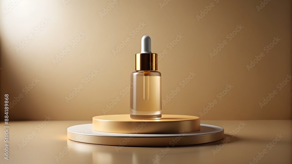 Elegant minimalistic beauty serum bottle on a golden display stand with a warm, luxurious background, ideal for skincare product promotions. Elegant minimalistic beauty serum bottle on a golden display stand with a warm, luxurious background, ideal for skincare product promotions.