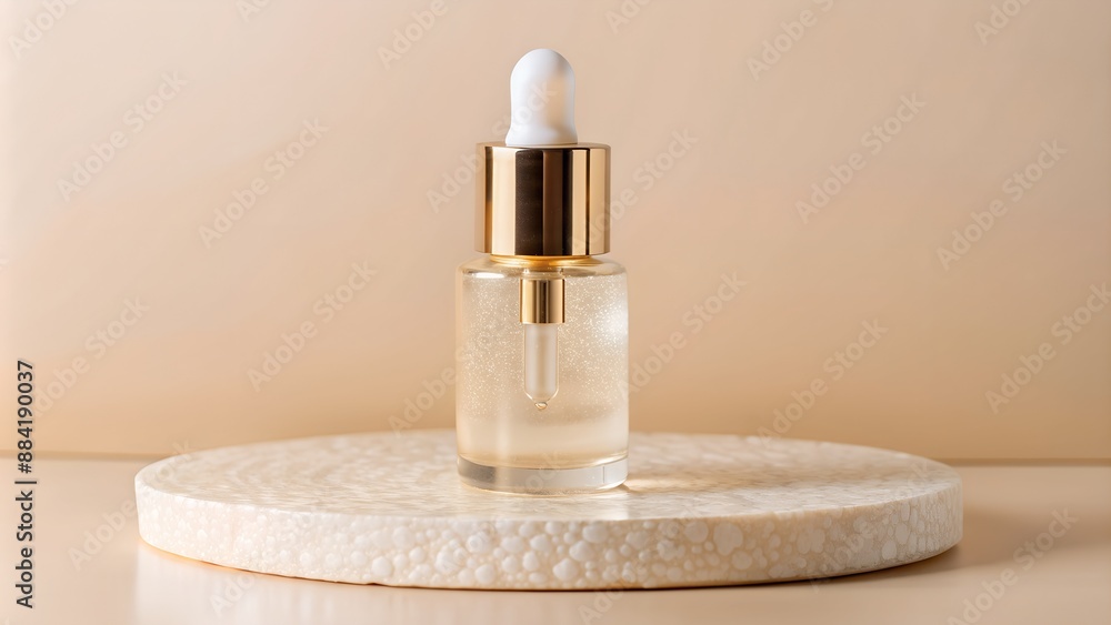 Minimalist gold-capped dropper bottle on a textured surface, perfect for skincare and beauty product packaging concepts. Minimalist gold-capped dropper bottle on a textured surface, perfect for skincare and beauty product packaging concepts.