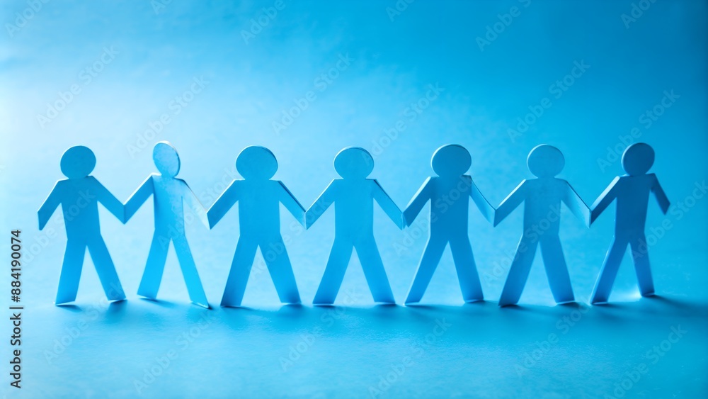 Paper cutout chain of people holding hands in unity against a blue background symbolizing teamwork, cooperation, and solidarity. Paper cutout chain of people holding hands in unity against a blue background symbolizing teamwork, cooperation, and solidarity.