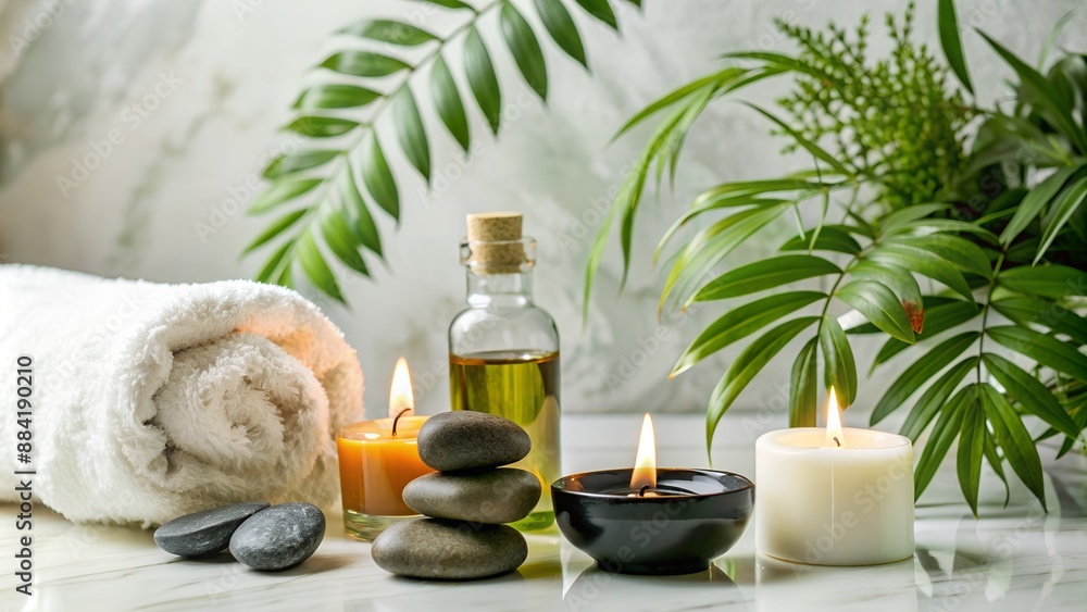 Spa setting with lit candles, essential oils, stacked stones, and fresh green plant leaves, creating a relaxing and serene atmosphere. Spa setting with lit candles, essential oils, stacked stones, and fresh green plant leaves, creating a relaxing and serene atmosphere.
