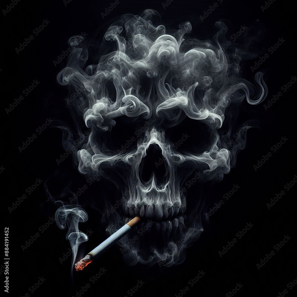 A smoke skull smoking a cigarette indicates the danger of smoking A smoke skull smoking a cigarette indicates the danger of smoking
