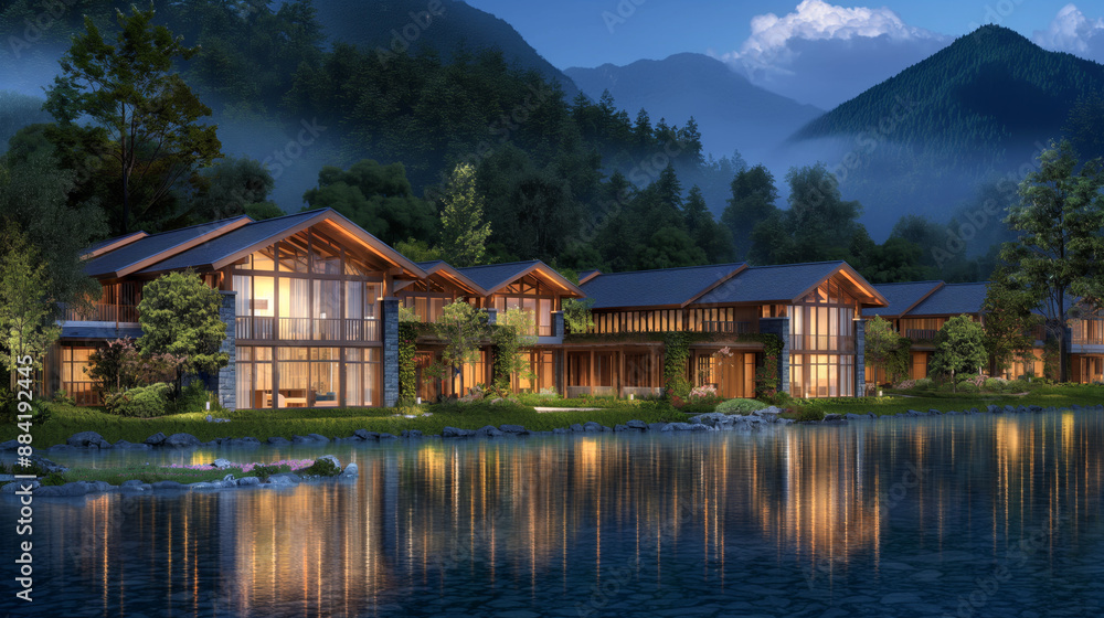 Fototapeta premium Modern lakeside villas with large windows, nestled in a lush forested area, beautifully illuminated at dusk with mountain views