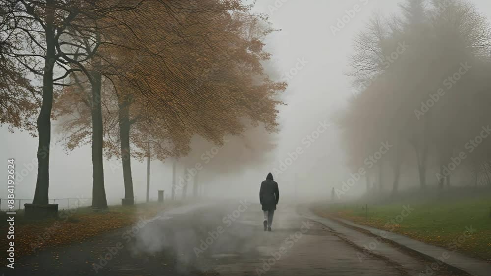 A man walking into the fog on the line of a lonely street with a hood A man walking into the fog on the line of a lonely street with a hood