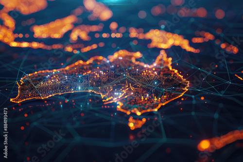 Electronic map of Australia, illustrating worldwide connectivity and links, data sharing and cyber advancements, business interactions, intelligence and telecommunication. 