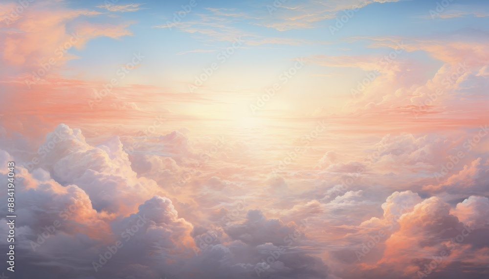 Above the cloudscape a tranquil sunset sky painted in hues of pink orange and blue Above the cloudscape a tranquil sunset sky painted in hues of pink orange and blue