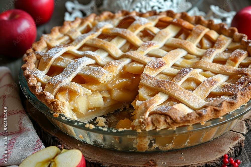 Freshly baked apple pie with lattice crust, sprinkled with sugar, accompanied by whole apples Freshly baked apple pie with lattice crust, sprinkled with sugar, accompanied by whole apples