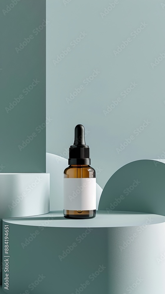 A bottle of perfume is sitting on a table in front of a blue wall A bottle of perfume is sitting on a table in front of a blue wall