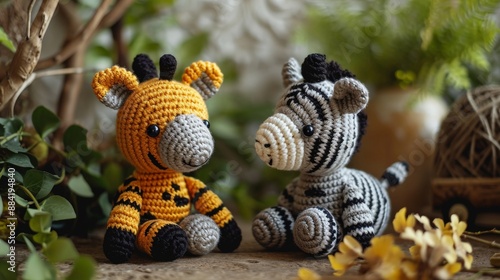 Adorable crocheted giraffe and zebra toys sit on a wooden table near foliage photo