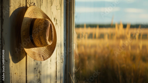 A minimalist view of a farmers hat hanging on a hook with a blurred field through a window