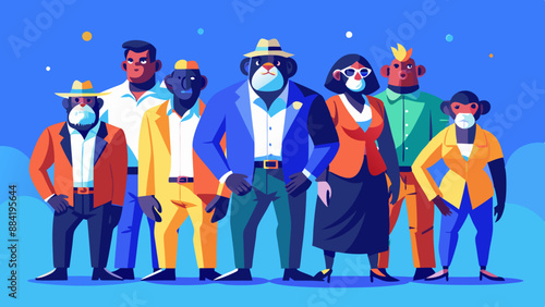 group of apes with thumbs up Ape in a group, vibrant bright fashionable outfits isolated on solid background advertisement, copy text space. birthday party invite