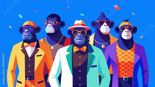 group of apes with thumbs up Ape in a group, vibrant bright fashionable outfits isolated on solid background advertisement, copy text space. birthday party invite