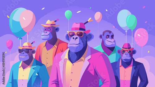 group of apes with thumbs up Ape in a group, vibrant bright fashionable outfits isolated on solid background advertisement, copy text space. birthday party invite