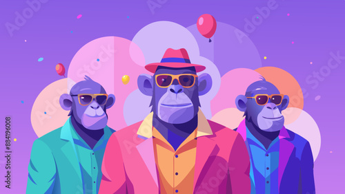 group of apes with thumbs up Ape in a group, vibrant bright fashionable outfits isolated on solid background advertisement, copy text space. birthday party invite