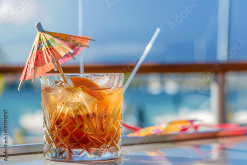 Cocktail with ice and umbrella on the background of the sea. Refreshing drink with ice and straw on the background of yachts. photo