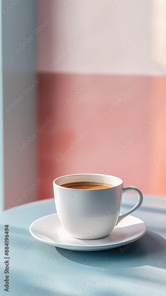 A white coffee cup sits on a saucer on a table A white coffee cup sits on a saucer on a table