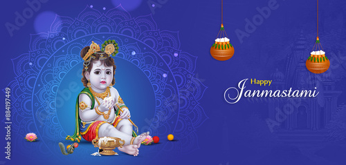 Foto illustration of Happy Krishna Janmashtami , birthday of lord Krishna , Hindu festival celebration in India