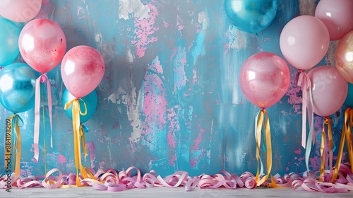 Pink and blue balloons with streamers against a blue textured background photo