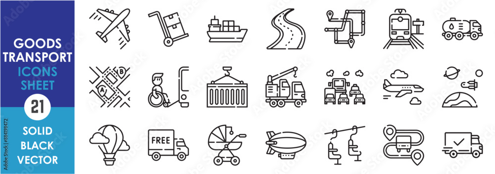 A set of line icons related to goods transportation. Transport, goods, cargo, plane, business, ship, train, map, wheelchair, ropeway, delivery and so on. Vector outline icons set. A set of line icons related to goods transportation. Transport, goods, cargo, plane, business, ship, train, map, wheelchair, ropeway, delivery and so on. Vector outline icons set.