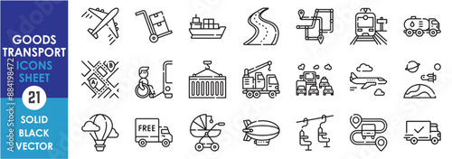A set of line icons related to goods transportation. Transport, goods, cargo, plane, business, ship, train, map, wheelchair, ropeway, delivery and so on. Vector outline icons set. © Parbat