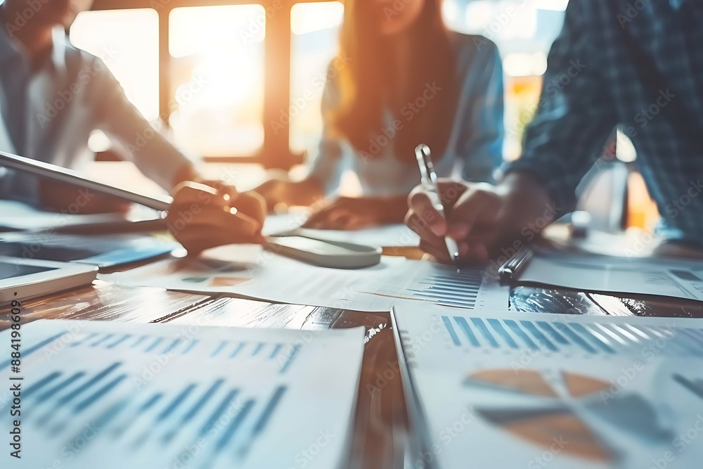 A team of professionals collaborating on a financial project, actively discussing strategies and solutions A team of professionals collaborating on a financial project, actively discussing strategies and solutions