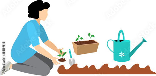Agricultural workers.  A woman plants green plants in the garden. People take care of the plants and the harvest.