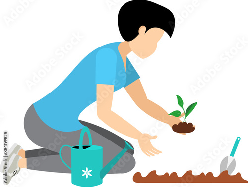 Agricultural workers.  A woman plants a green sprout in a garden bed. People take care of the plants and the harvest.