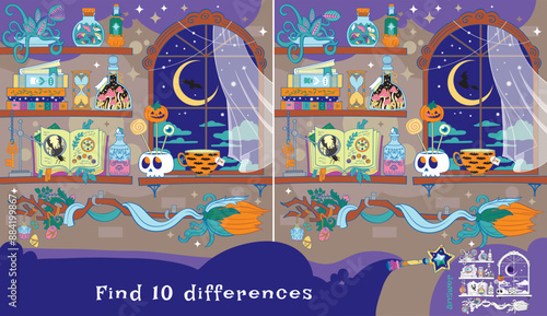 Magic room. Final preparations for Halloween. Find 10 differences. Educational game for children. Cartoon vector illustration  