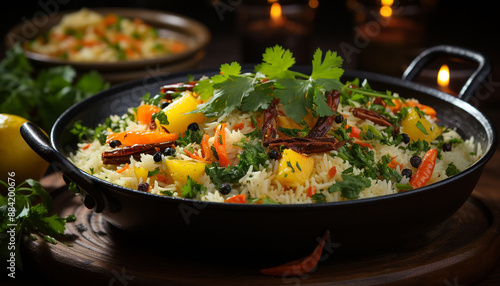 Fresh, healthy vegetarian meal with cooked vegetables on wooden table 