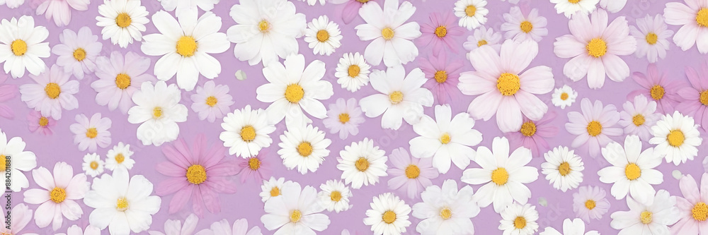 A close-up image of white and pink daisies on a lavender background A close-up image of white and pink daisies on a lavender background