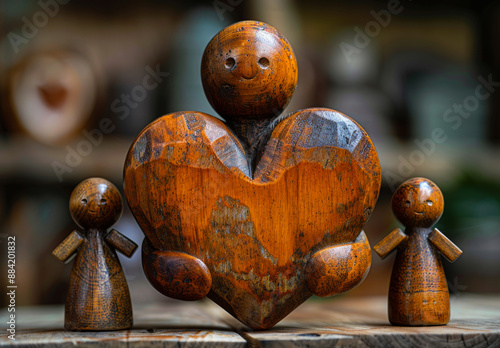 Wooden Heart and Figures. Three wooden figures on a wooden surface, the center figure shaped like a heart photo