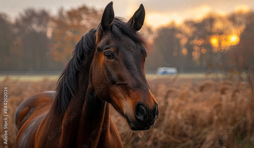 Obraz premium Brown Horse In Field At Sunset. A brown horse stands in a field of tall grass, looking toward the setting sun.