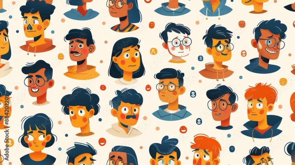 Fototapeta premium Diverse and Inclusive Seamless Pattern of Quirky Cartoon Characters