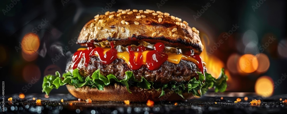 Juicy burger with melting cheese, fresh lettuce, and tomato, topped with ketchup and served on a sesame bun. Juicy burger with melting cheese, fresh lettuce, and tomato, topped with ketchup and served on a sesame bun.